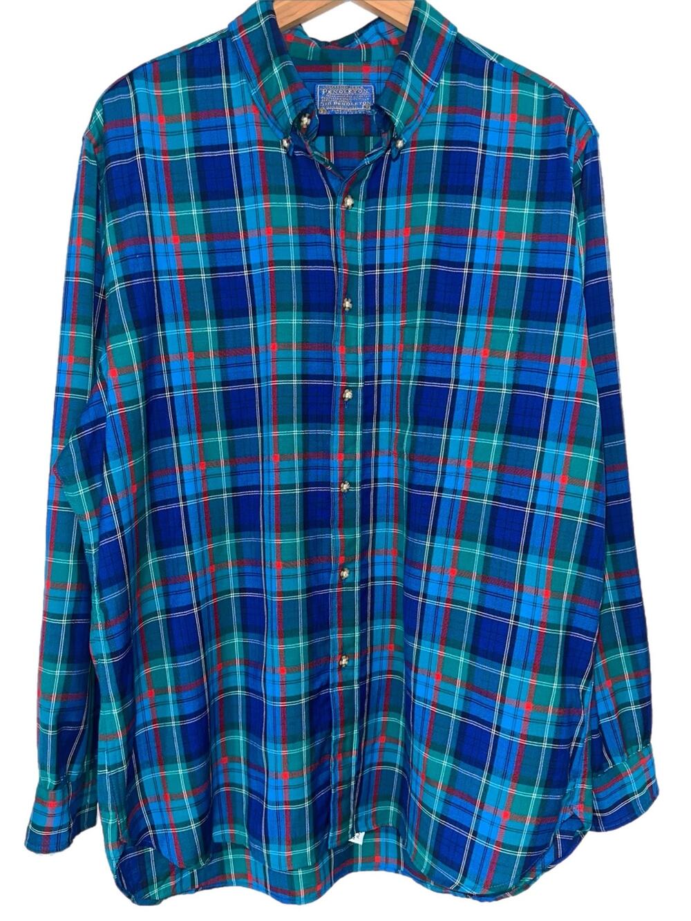 Vintage Sir Pendleton Men's Blue Green Virgin Wool Button Down Shirt Size XL